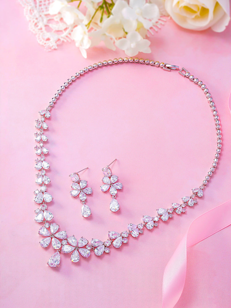 Wedding Teardrop CZ Flower Design Necklace Set- 17 Inch Length, Teardrop Earring And Necklace Set, Brass flower Shape Bridal CZ Jewelry Set