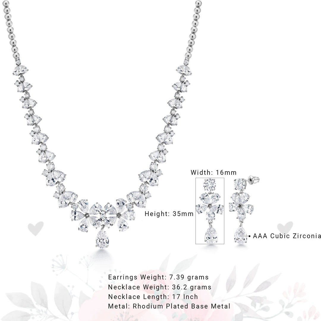 Wedding Teardrop CZ Flower Design Necklace Set- 17 Inch Length, Teardrop Earring And Necklace Set, Brass flower Shape Bridal CZ Jewelry Set
