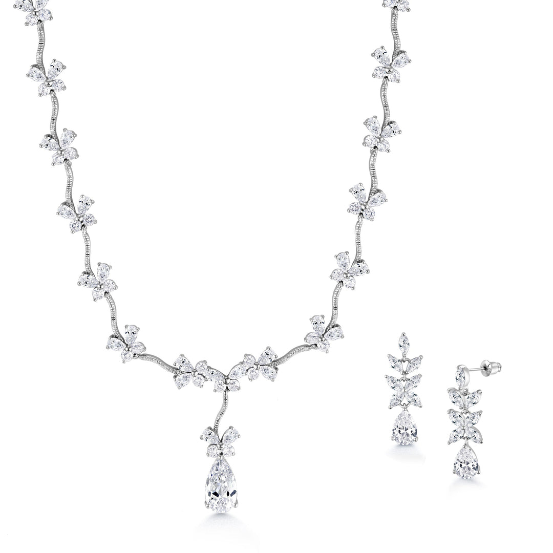 Teardrop CZ Flower Design Necklace Set- 17 Inch Length,  Multi Shape Cz Necklace Set, Wedding Necklace Set, Brass Necklace Set