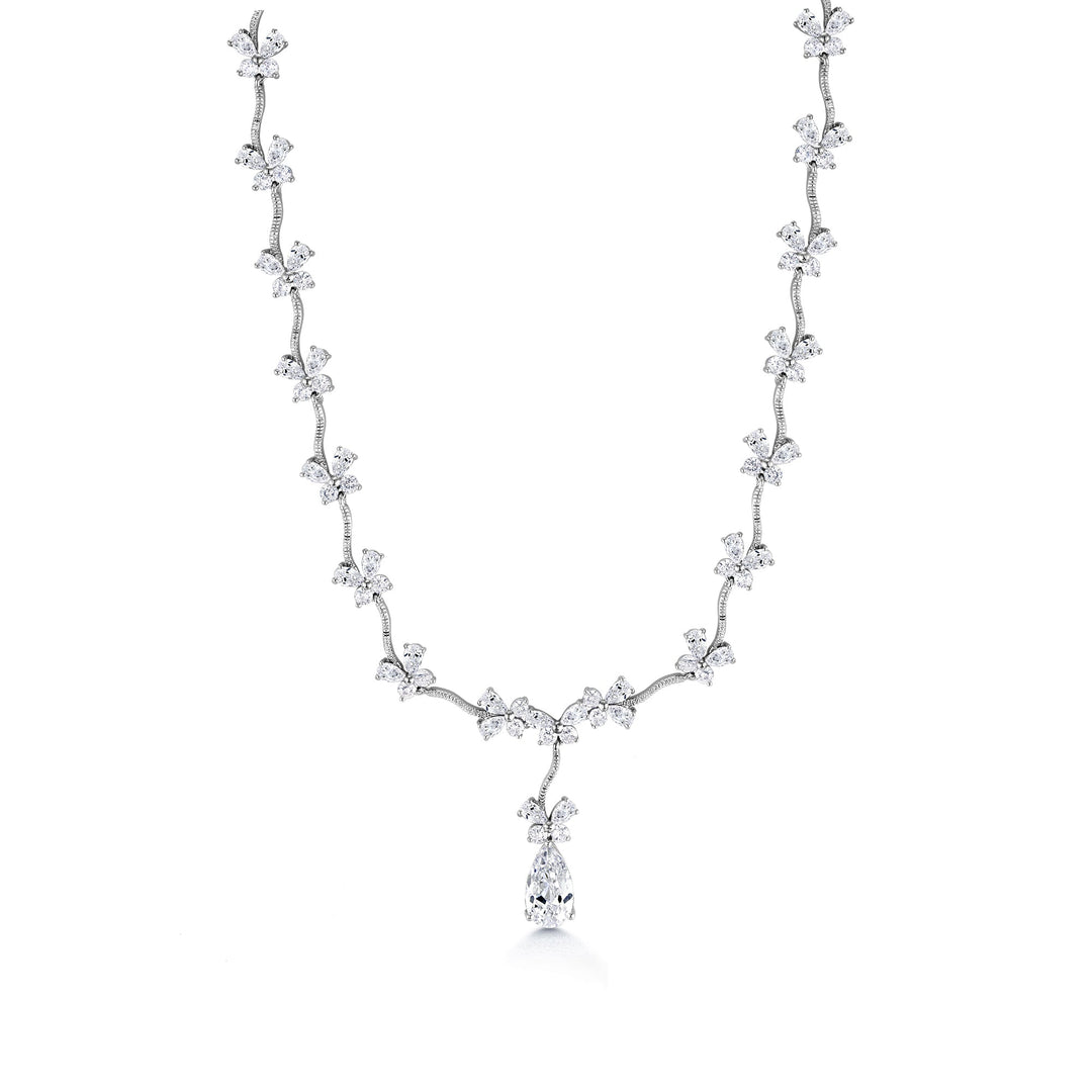 Teardrop CZ Flower Design Necklace Set- 17 Inch Length,  Multi Shape Cz Necklace Set, Wedding Necklace Set, Brass Necklace Set