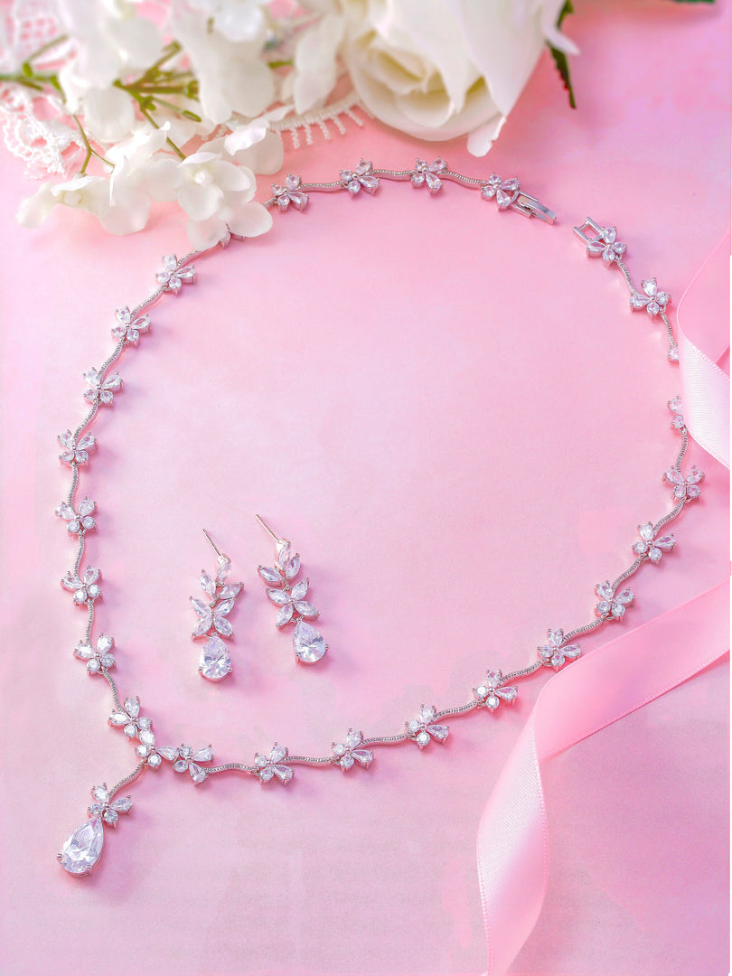 Teardrop CZ Flower Design Necklace Set- 17 Inch Length,  Multi Shape Cz Necklace Set, Wedding Necklace Set, Brass Necklace Set