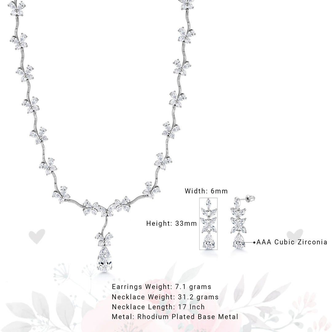 Teardrop CZ Flower Design Necklace Set- 17 Inch Length,  Multi Shape Cz Necklace Set, Wedding Necklace Set, Brass Necklace Set