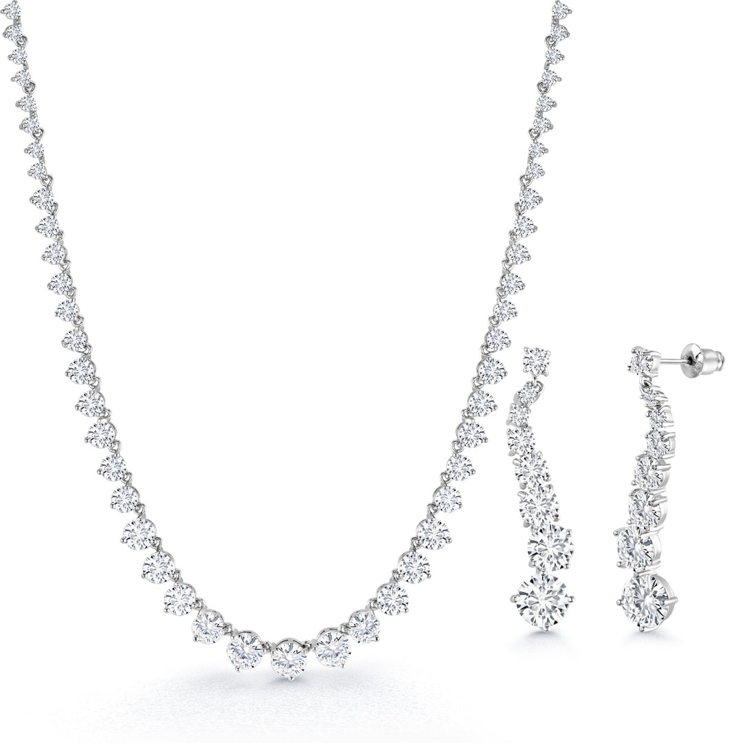 Round Cut AAA Cz Rhodium Plated Tennis Earrings Necklace Set- 17 Inch Length, Wedding Necklace Set, Cz Necklace Set