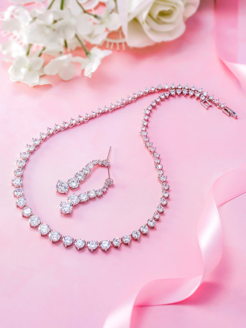 Round Cut AAA Cz Rhodium Plated Tennis Earrings Necklace Set- 17 Inch Length, Wedding Necklace Set, Cz Necklace Set