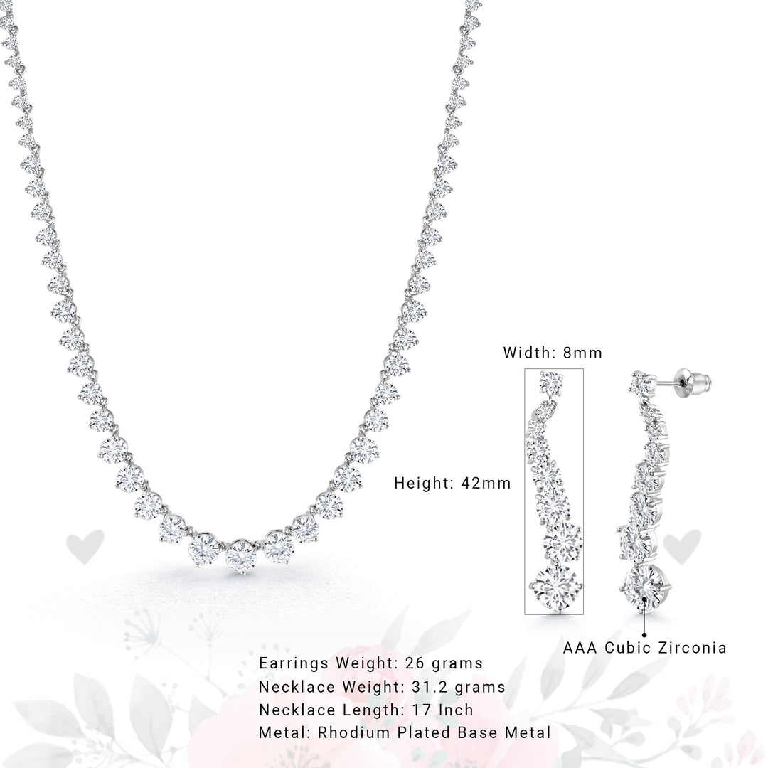 Round Cut AAA Cz Rhodium Plated Tennis Earrings Necklace Set- 17 Inch Length, Wedding Necklace Set, Cz Necklace Set
