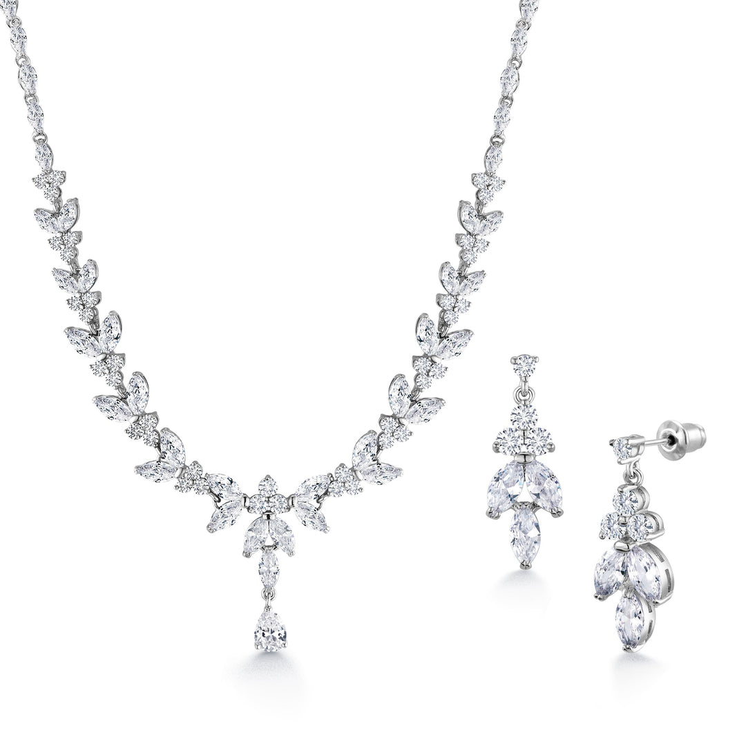 Flower Leaf Design Pear  Necklace Set- 16 Inch length, Flower Design Necklace Set, Multi Shape Cz Necklace Set