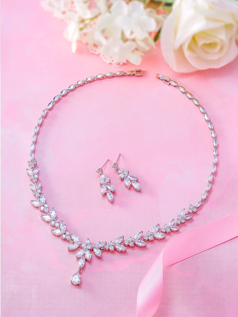 Flower Leaf Design Pear  Necklace Set- 16 Inch length, Flower Design Necklace Set, Multi Shape Cz Necklace Set