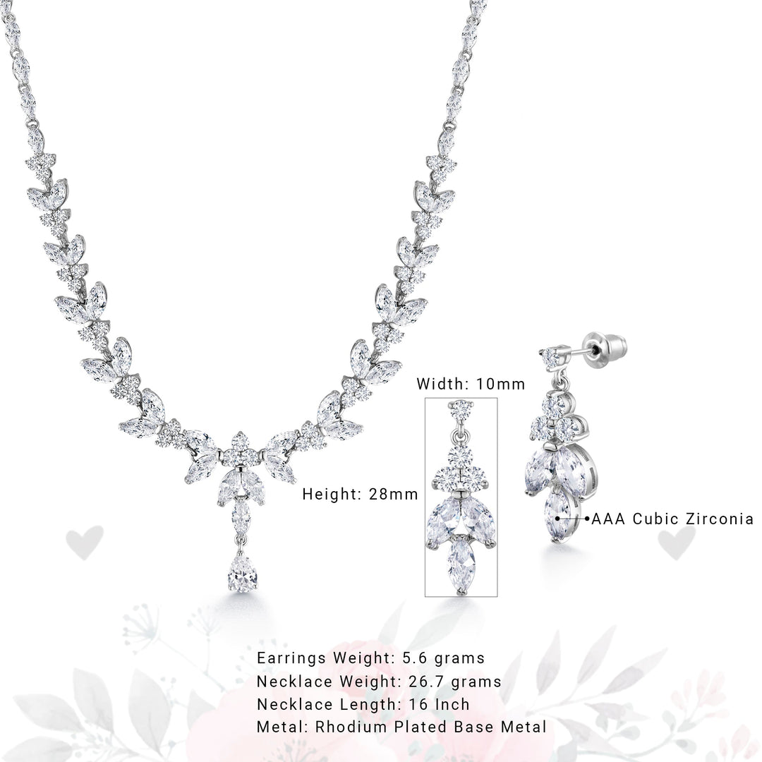 Flower Leaf Design Pear  Necklace Set- 16 Inch length, Flower Design Necklace Set, Multi Shape Cz Necklace Set