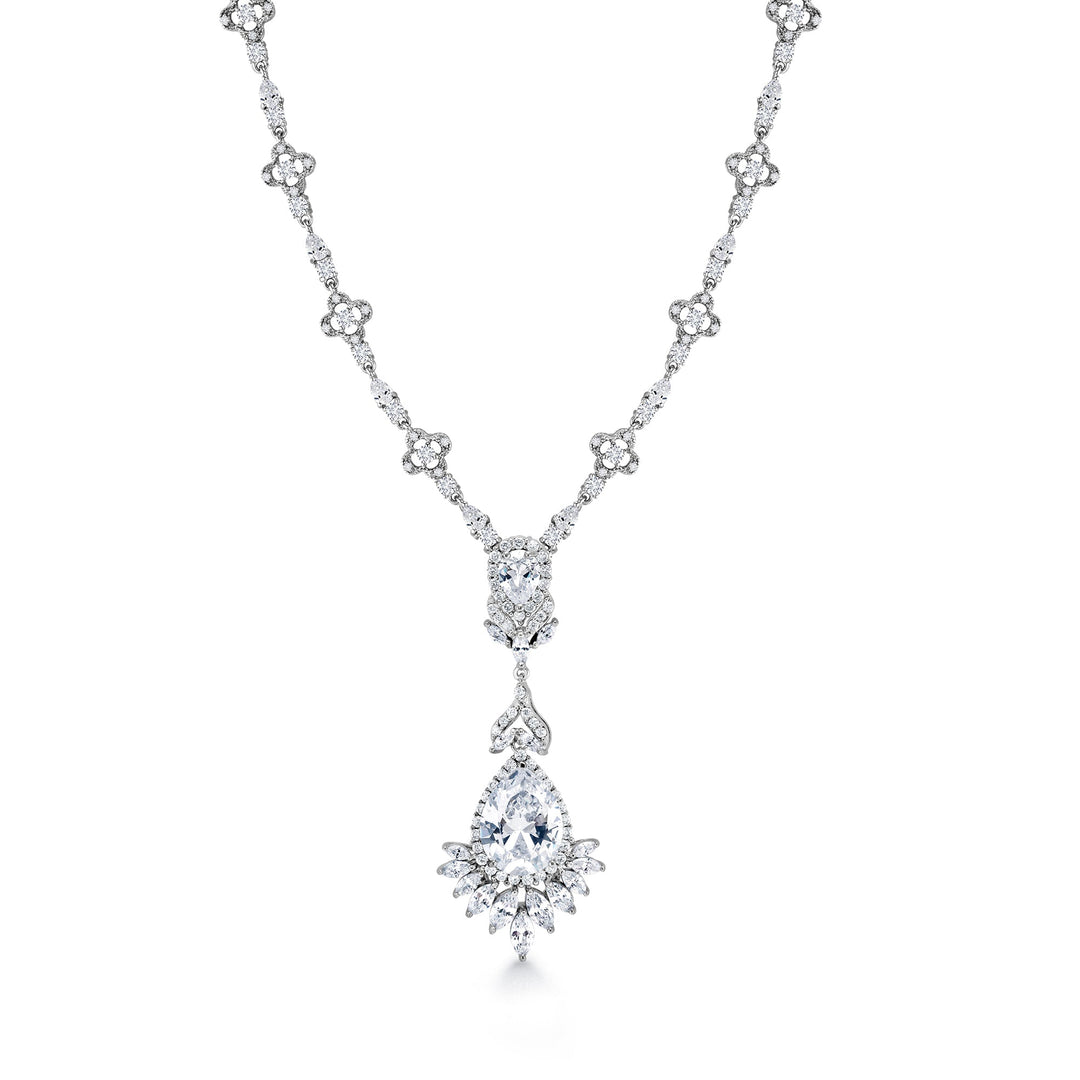 Teardrop and Marquise AAA Cubic Zirconia Chandelier Design Rhodium Plated Halo Earrings Necklace Wedding Set- 16 Inch Length
