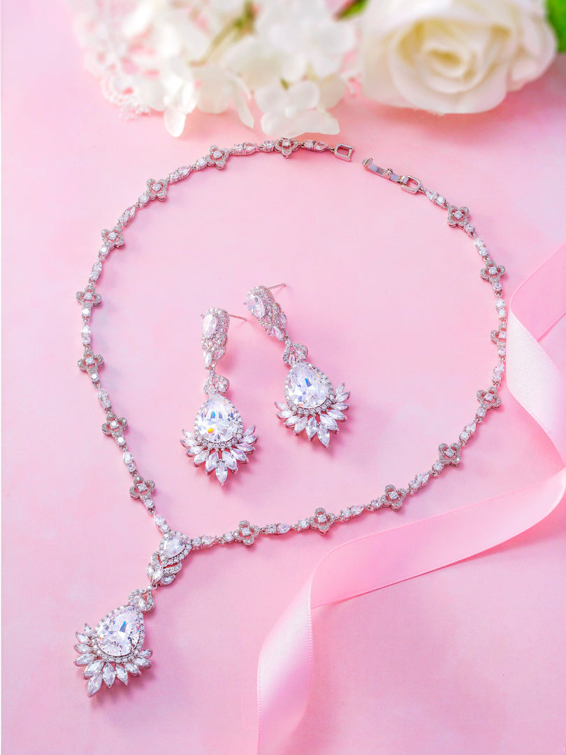 Teardrop and Marquise AAA Cubic Zirconia Chandelier Design Rhodium Plated Halo Earrings Necklace Wedding Set- 16 Inch Length