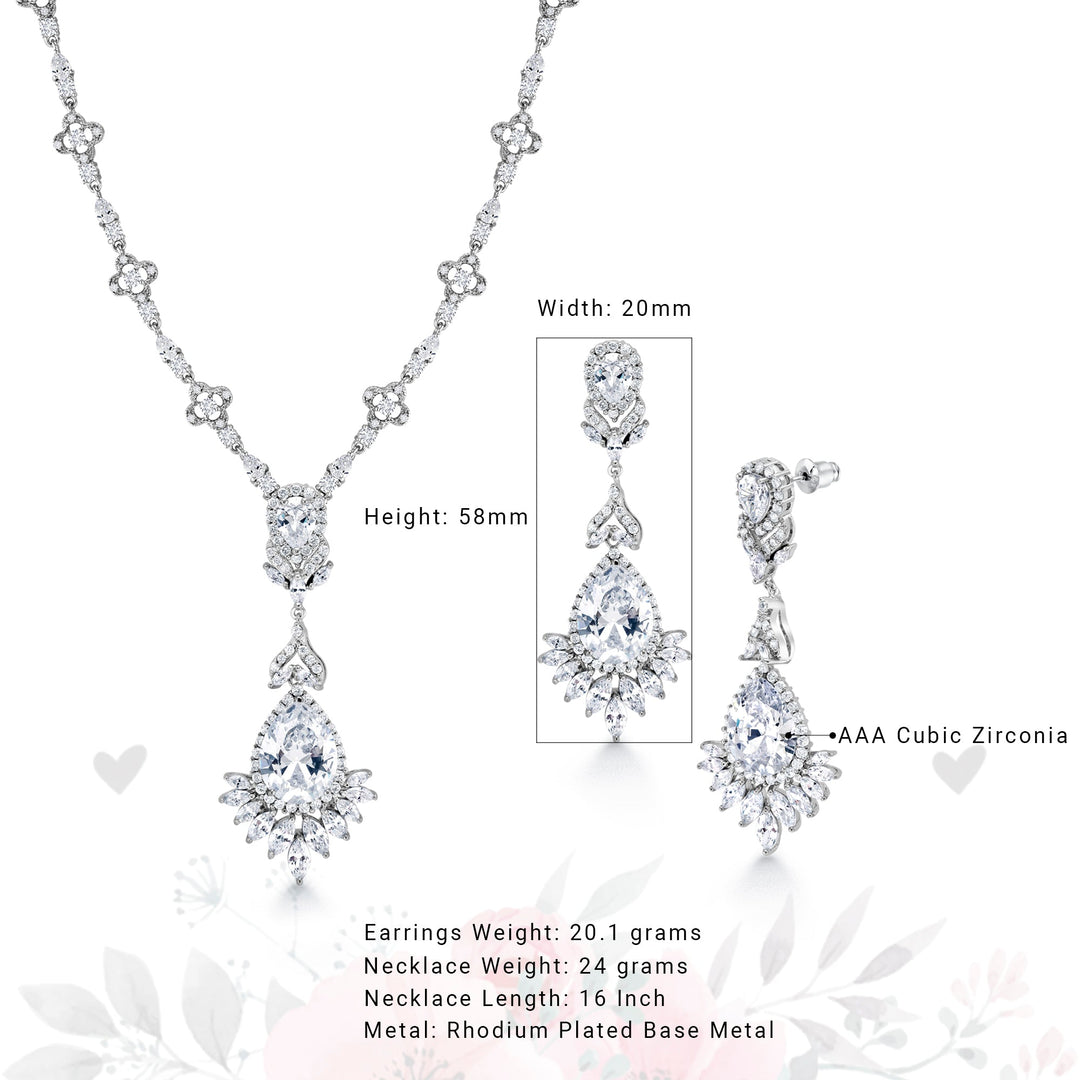 Teardrop and Marquise AAA Cubic Zirconia Chandelier Design Rhodium Plated Halo Earrings Necklace Wedding Set- 16 Inch Length