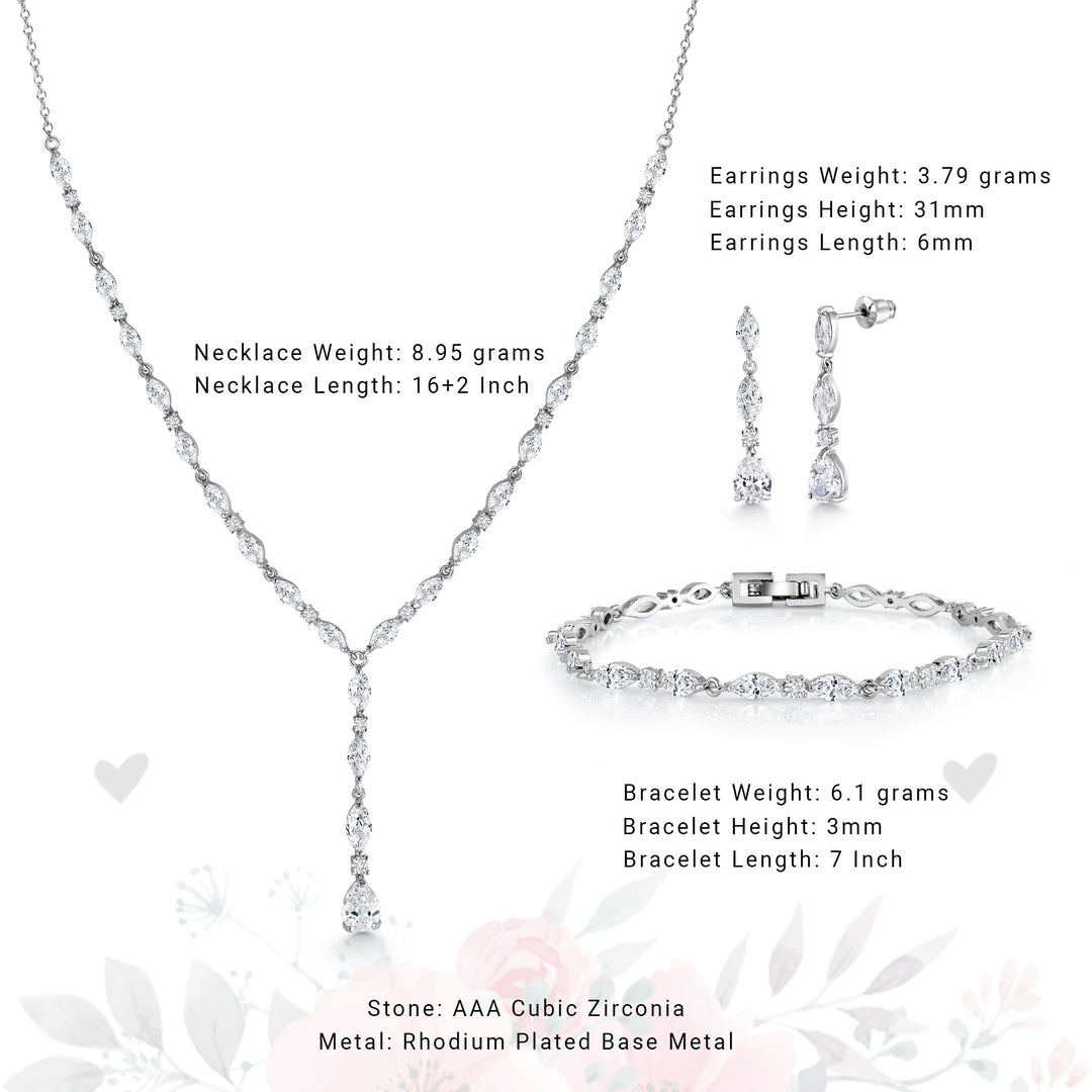 Pear and Marquise Cut AAA Cubic Zirconia Rhodium Plated Long Earrings