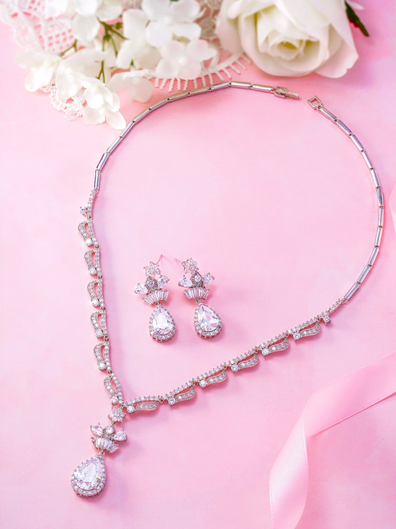 Teardrop  CZ Necklace Set- 18 Inch, Multi Shape Cz Necklace Set, Cz Necklace Set, Wedding Necklace Set