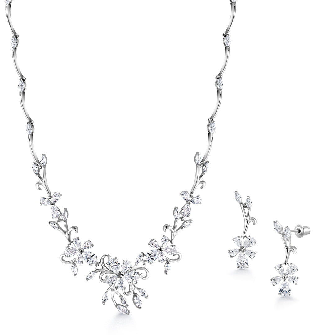 Wedding Necklace Set- 17 Inch Length, Flower Design Necklace Set, Cz Flower Necklace Set, Multi Shape Cz Necklace Set