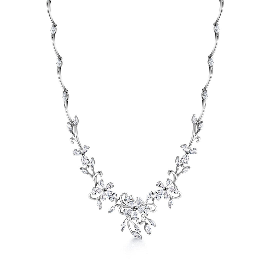 Wedding Necklace Set- 17 Inch Length, Flower Design Necklace Set, Cz Flower Necklace Set, Multi Shape Cz Necklace Set