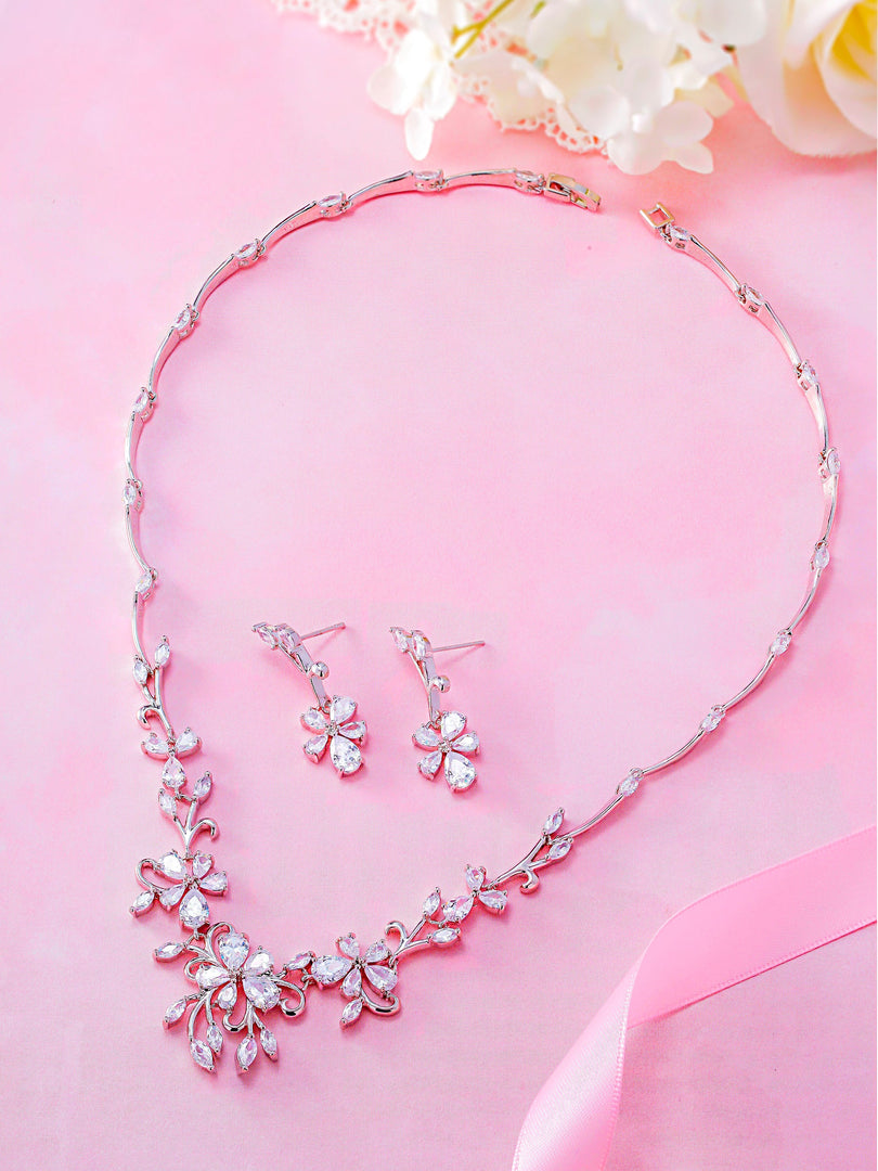 Wedding Necklace Set- 17 Inch Length, Flower Design Necklace Set, Cz Flower Necklace Set, Multi Shape Cz Necklace Set