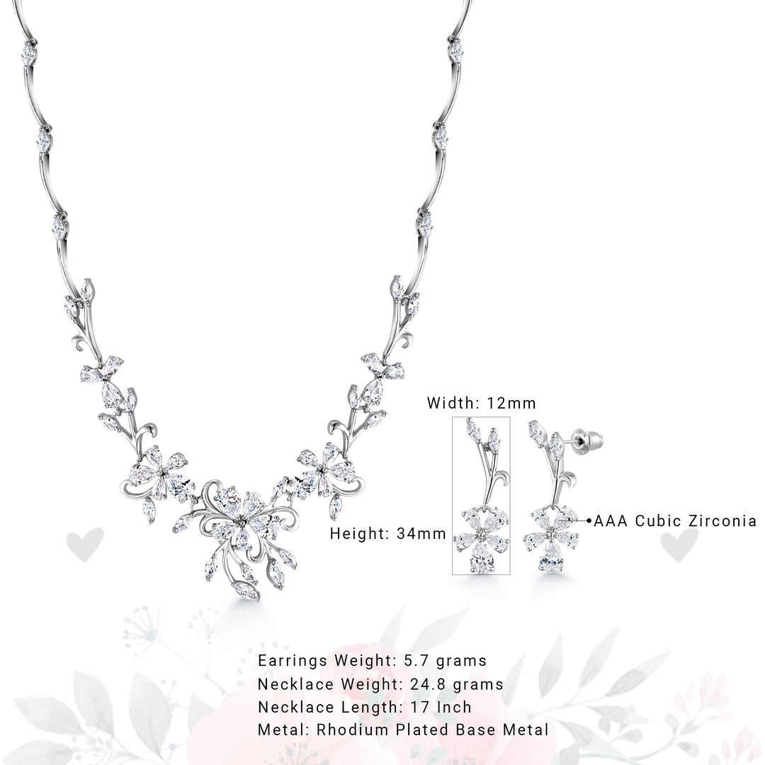Wedding Necklace Set- 17 Inch Length, Flower Design Necklace Set, Cz Flower Necklace Set, Multi Shape Cz Necklace Set