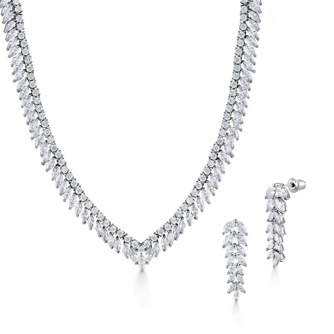 Fern Design Marquise AAA Cubic Zirconia Rhodium Plated Vintage Earrings Necklace Wedding Set- 16 Inch Length