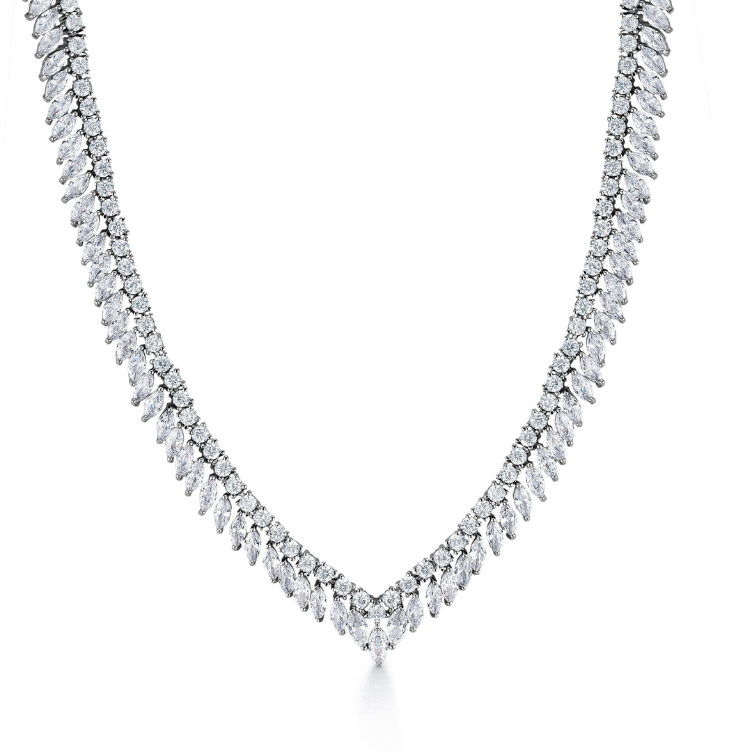 Fern Design Marquise AAA Cubic Zirconia Rhodium Plated Vintage Earrings Necklace Wedding Set- 16 Inch Length