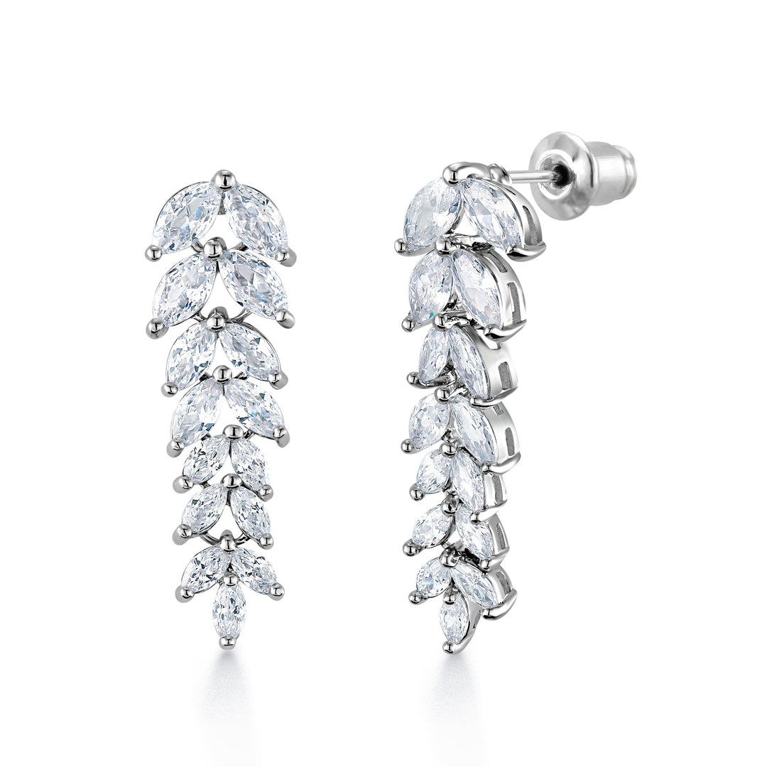 Fern Design Marquise AAA Cubic Zirconia Rhodium Plated Vintage Earrings Necklace Wedding Set- 16 Inch Length