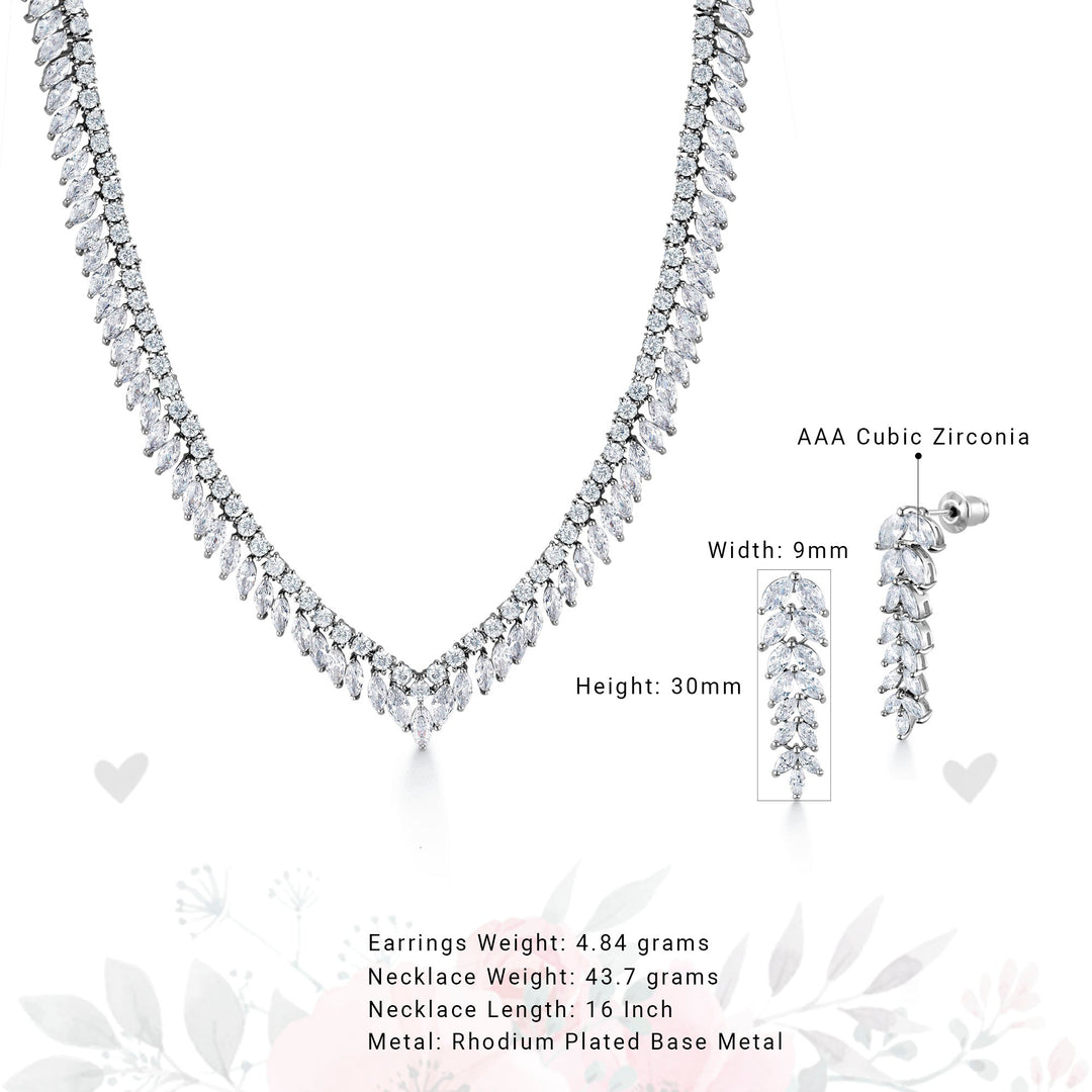 Fern Design Marquise AAA Cubic Zirconia Rhodium Plated Vintage Earrings Necklace Wedding Set- 16 Inch Length