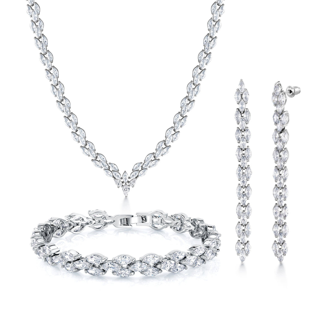 Wedding Necklace Set-17 Inch Length, Marquise Cut AAA Cubic Zirconia Rhodium Plated Necklace Set, Bracelet Earrings and Necklace Set