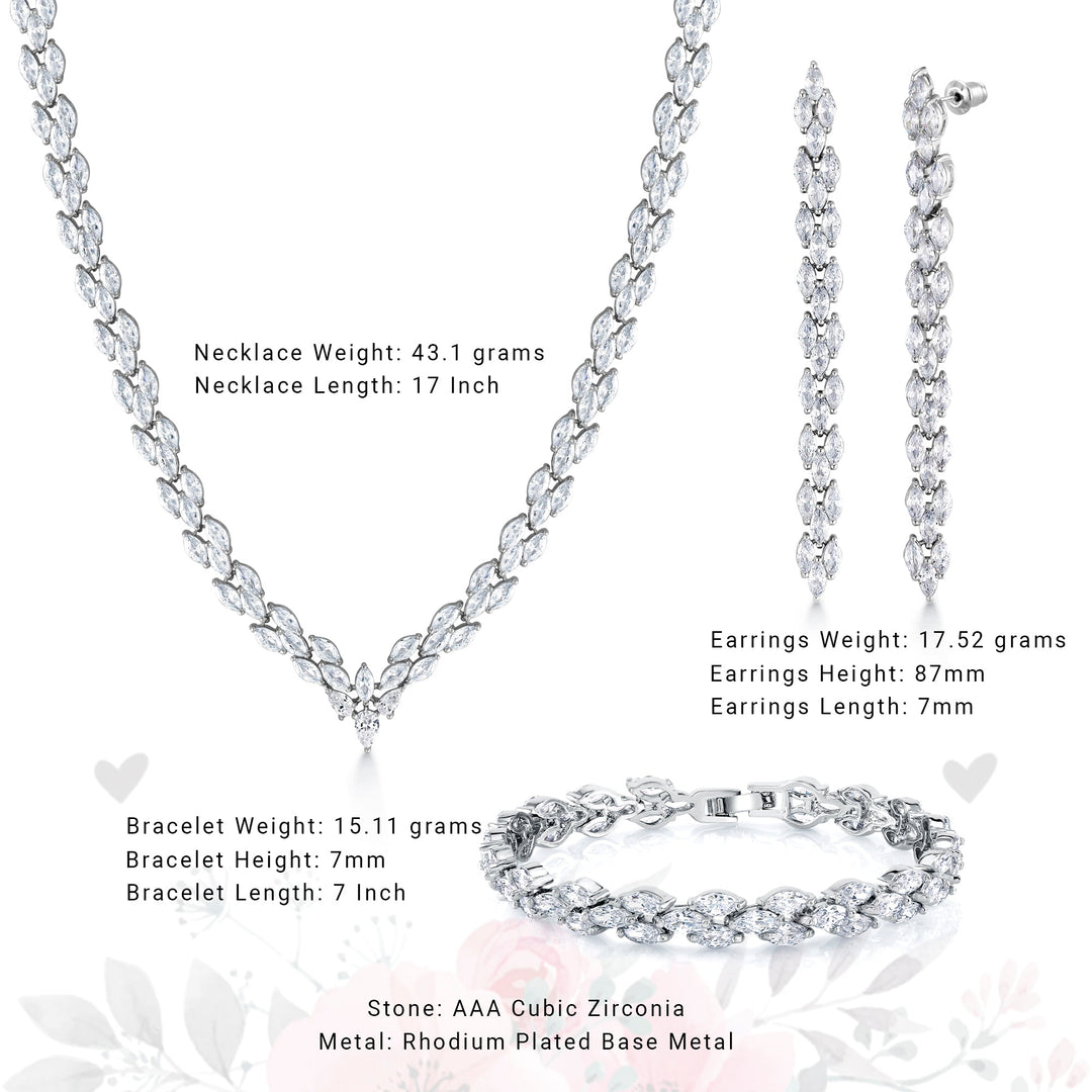 Wedding Necklace Set-17 Inch Length, Marquise Cut AAA Cubic Zirconia Rhodium Plated Necklace Set, Bracelet Earrings and Necklace Set