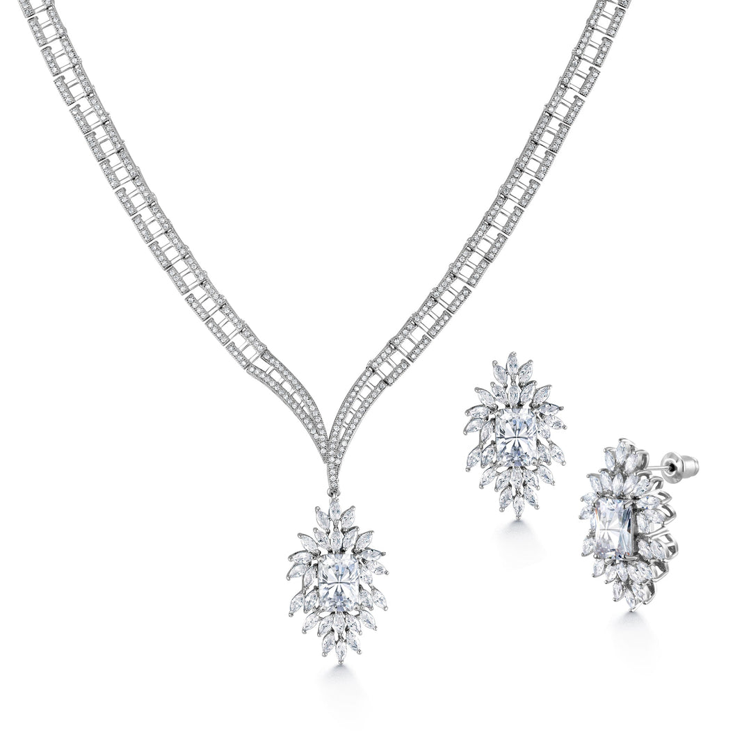 CZ Wedding Necklace Set- 16 Inch Length, Marquise Cz Necklace Set, Emrald Cut Cz Necklace Set, Wedding Necklace Set
