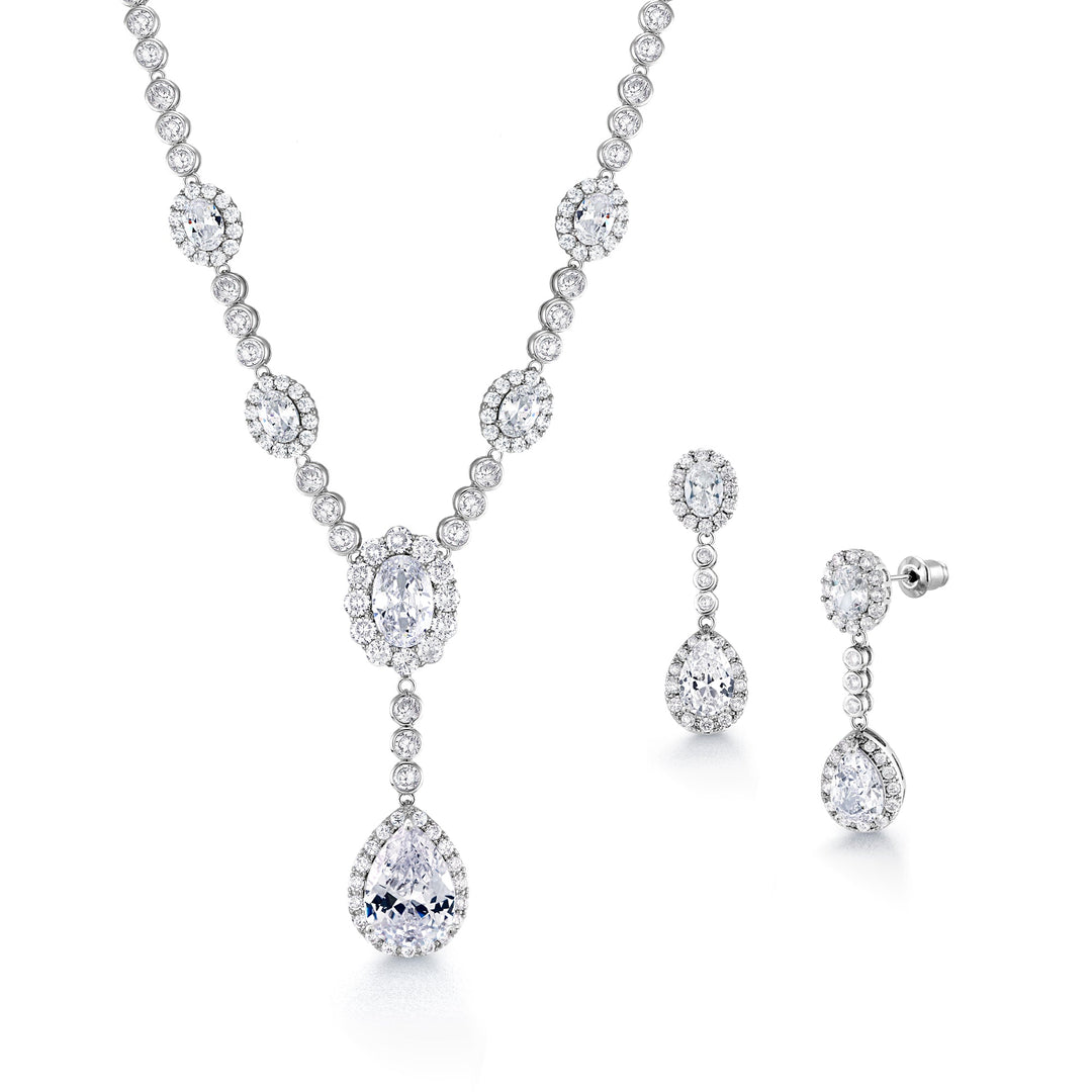 Pear and Oval CZ Necklace Set- 17 Inch Length, Multi Shape Cz Necklace Set, Party Wear Necklace Set, Wedding Necklace Set