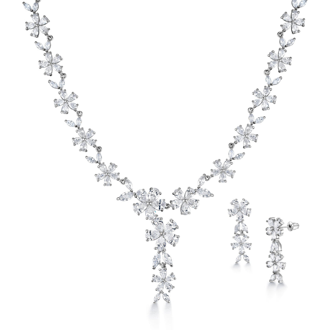 Marquise Cut AAA Cubic Zirconia Flower Choker Style Earrings Necklace Wedding Set- 17 Inch Length