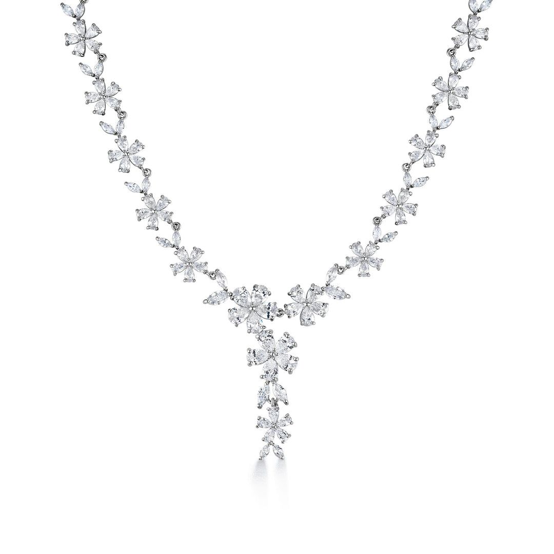 Marquise Cut AAA Cubic Zirconia Flower Choker Style Earrings Necklace Wedding Set- 17 Inch Length