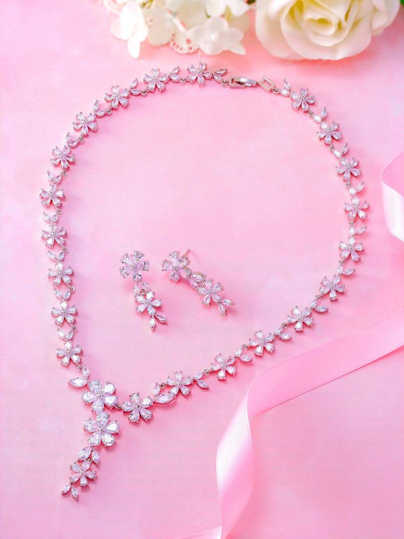 Marquise Cut AAA Cubic Zirconia Flower Choker Style Earrings Necklace Wedding Set- 17 Inch Length