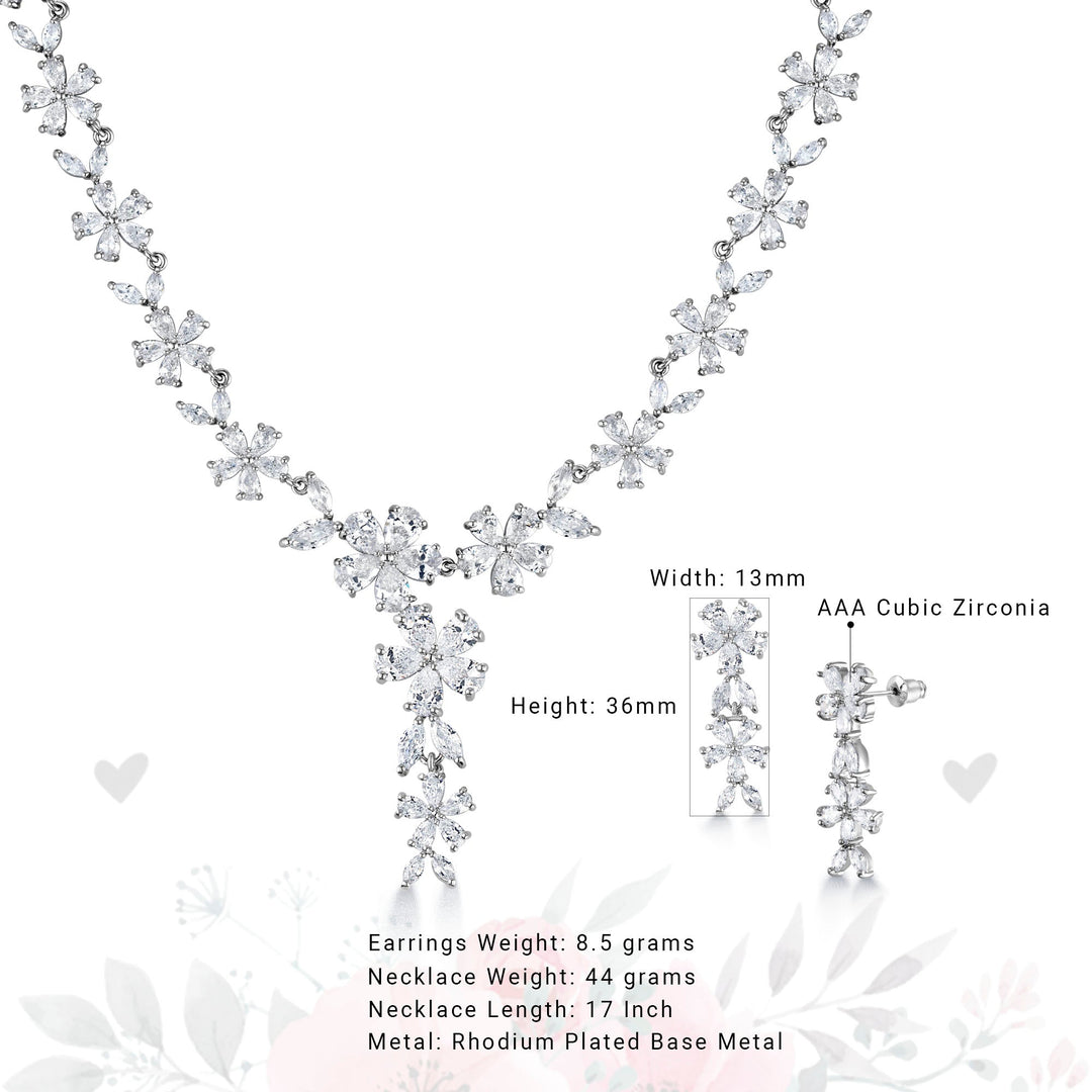 Marquise Cut AAA Cubic Zirconia Flower Choker Style Earrings Necklace Wedding Set- 17 Inch Length