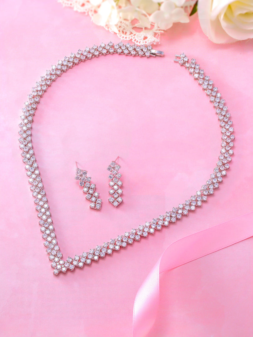 Round AAA Cubic Zirconia 3 Line Necklace Set- 17 Inch Length, Cz Necklace Set, Brass Wedding Necklace Set, Bridal Cz Necklace Set