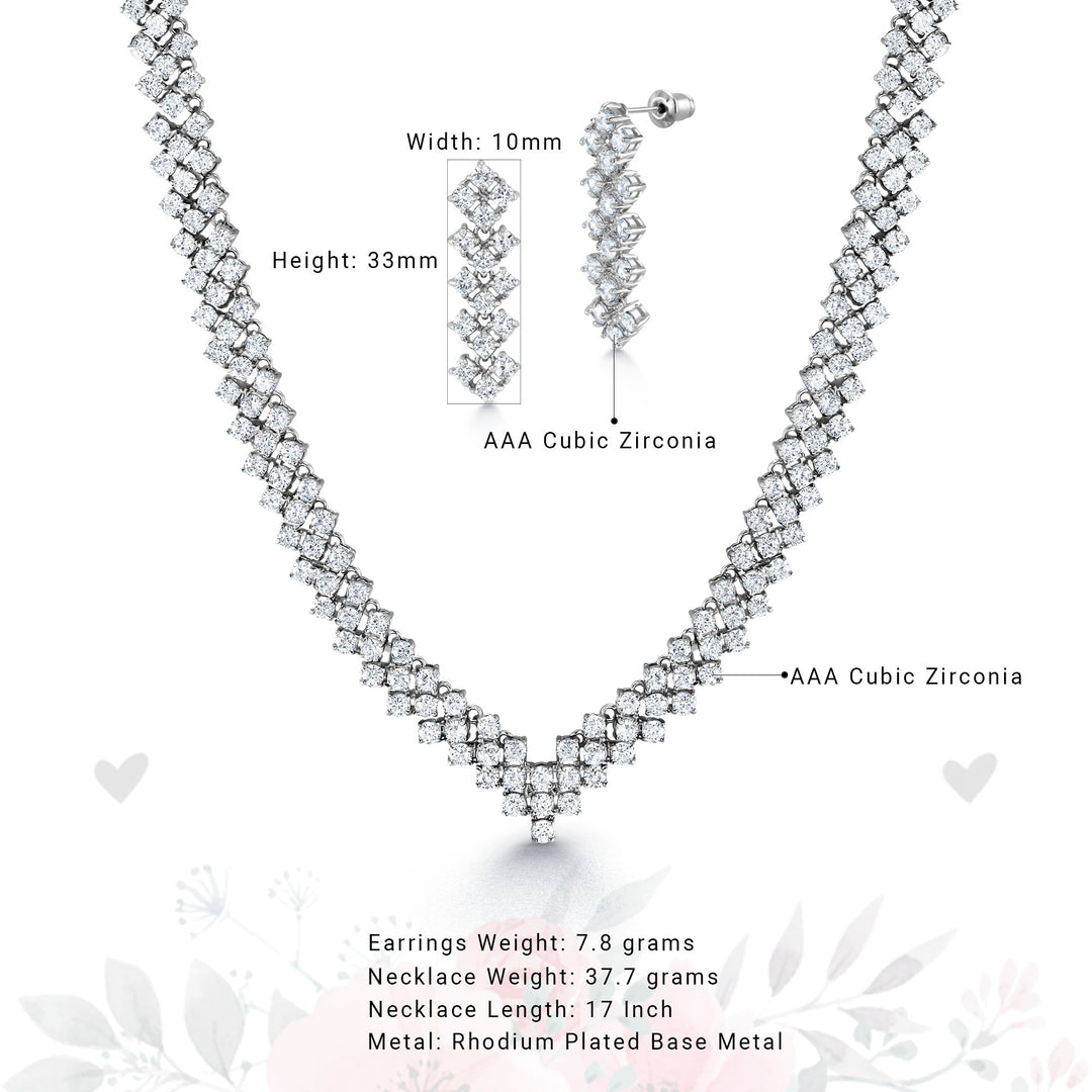 Round AAA Cubic Zirconia 3 Line Necklace Set- 17 Inch Length, Cz Necklace Set, Brass Wedding Necklace Set, Bridal Cz Necklace Set