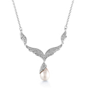 Freshwater Cultural Pearl Angel Wings Earrings Necklace Set -16+2 Inch Extender Chain length, Angel Wings Earrings Necklace Set, Pearl And CZ Necklace Set