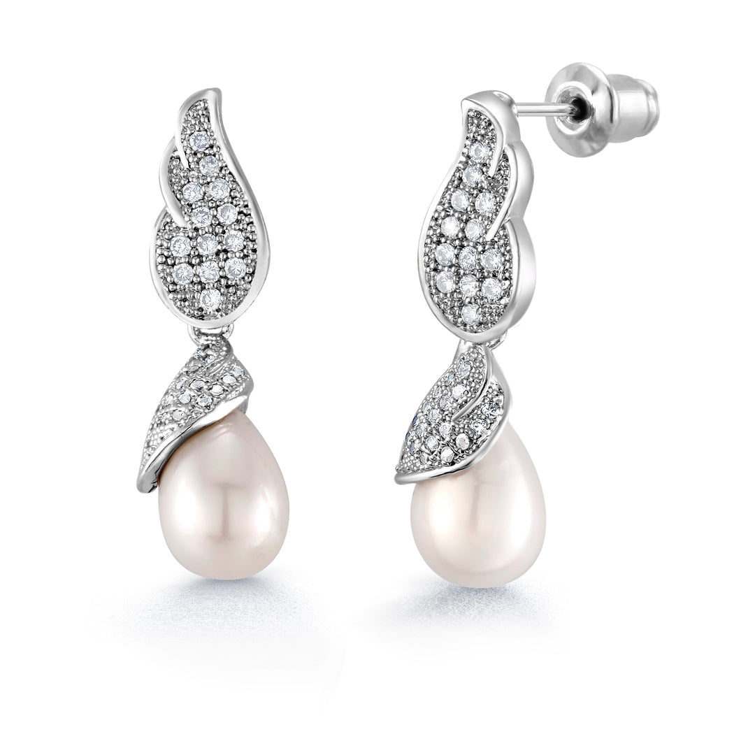 Freshwater Cultural Pearl Angel Wings Earrings Necklace Set -16+2 Inch Extender Chain length, Angel Wings Earrings Necklace Set, Pearl And CZ Necklace Set
