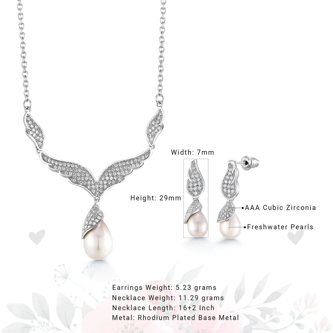 Freshwater Cultural Pearl Angel Wings Earrings Necklace Set -16+2 Inch Extender Chain length, Angel Wings Earrings Necklace Set, Pearl And CZ Necklace Set
