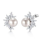 Ivory Pearls and Marquise CZ Pendant Earring Set- 16+2 Inch Chain,  Pearl and Marquise Cut AAA Cubic Zirconia  Necklace Set