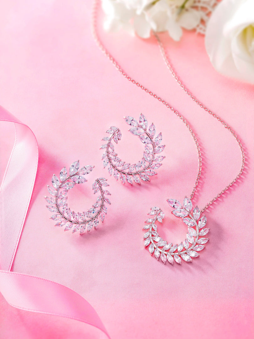 Marquise CZ Fern Design  Pendant And Earring Set- 16+2 Inch Chain, Circle Fern Pendant Set, Marquise CZ Pendant Set, Brass Pendant Set