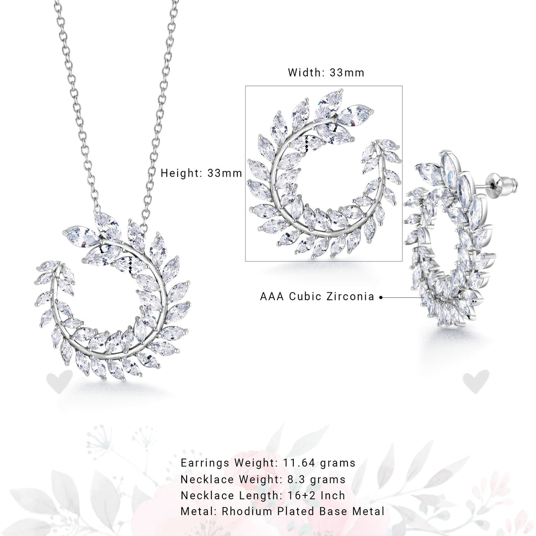 Marquise CZ Fern Design  Pendant And Earring Set- 16+2 Inch Chain, Circle Fern Pendant Set, Marquise CZ Pendant Set, Brass Pendant Set