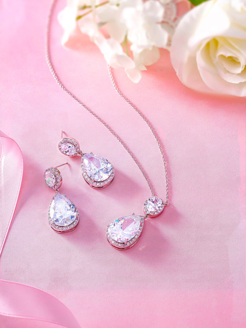 Pear and Oval CZ Halo Pendant Set- 16+2 Inch Chain,  Halo Pendant Set, Cz Pendant And Earrings Set, Water Drop Pendant Set, Rain Drop Pendant Set, Tear Drop Pendant Set