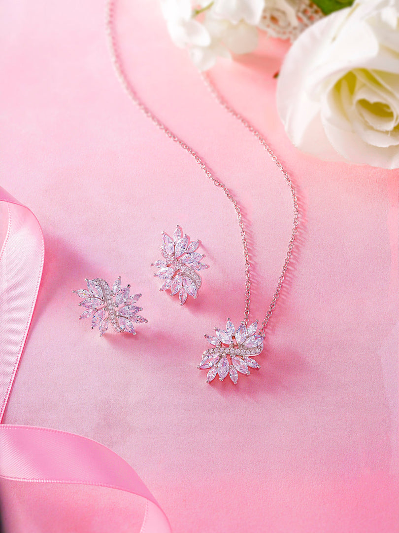 Marquise CZ Floral Pendant Earring Set 16+2 Inch Chain,  Flower Design Jewelry Set, Marquise Cz Pendant Set, Brass Pendant Set, Cz Pendant Set