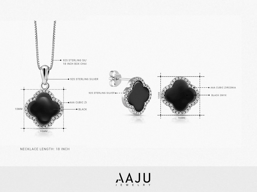 925 Sterling Silver Black Onyx Clover Leaf Pendant And Earring Set, Clover Onyx Silver Pendant Set, Black Onyx Clover Earrings Set, Leaf Clover Pendant Earrings Set