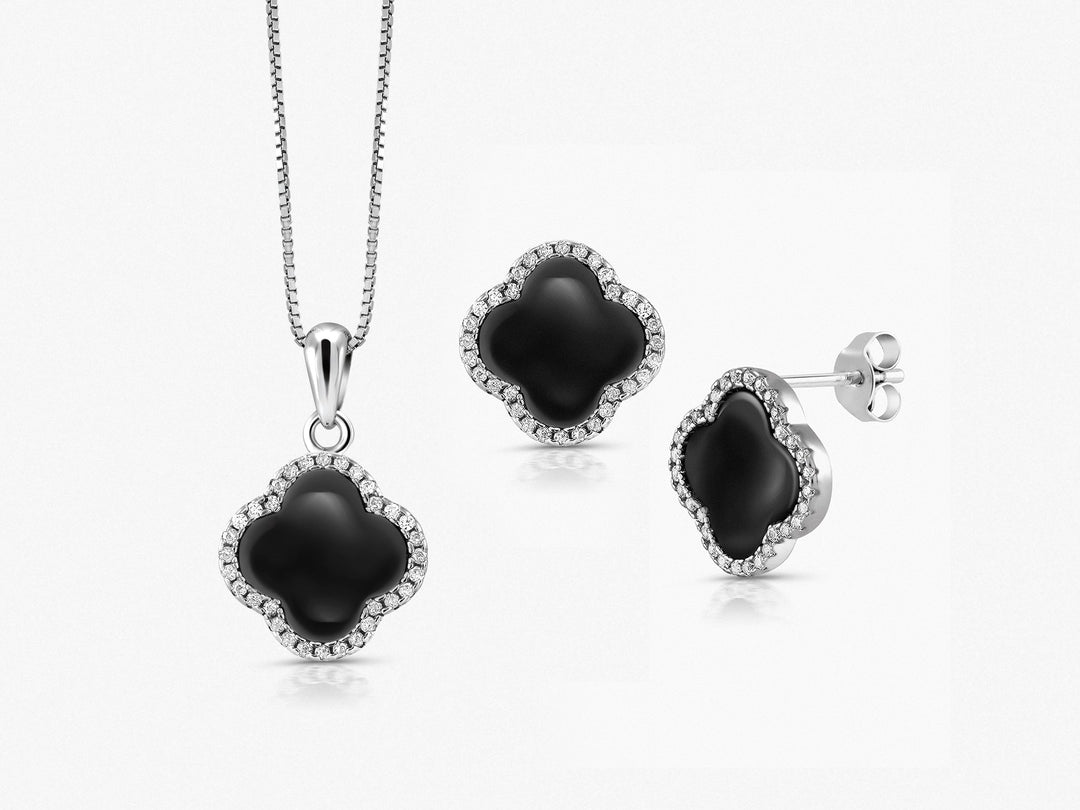 925 Sterling Silver Black Onyx Clover Leaf Pendant And Earring Set, Clover Onyx Silver Pendant Set, Black Onyx Clover Earrings Set, Leaf Clover Pendant Earrings Set