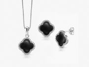 925 Sterling Silver Black Onyx Clover Leaf Pendant And Earring Set, Clover Onyx Silver Pendant Set, Black Onyx Clover Earrings Set, Leaf Clover Pendant Earrings Set