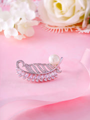 Feather Shaped Rhodium Plated Pearl Brooch with AAA Cubic Zirconia, Perfect For Any Occasion