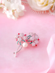 Rhodium Plated AAA Cubic Zirconia Pearl Flowers Brooch Pins, Flower Brooch, Pearl Brooch, Cz Brooch
