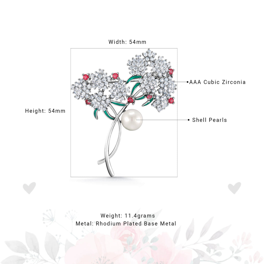 Rhodium Plated AAA Cubic Zirconia Pearl Flowers Brooch Pins, Flower Brooch, Pearl Brooch, Cz Brooch