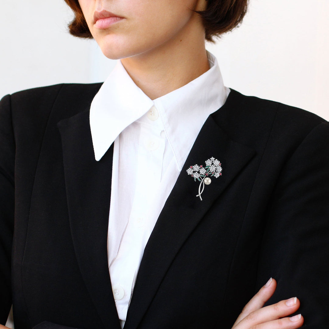 Rhodium Plated AAA Cubic Zirconia Pearl Flowers Brooch Pins, Flower Brooch, Pearl Brooch, Cz Brooch